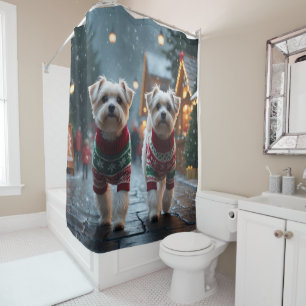 Maltese Dogs Christmas Snow Holiday Shower Curtain