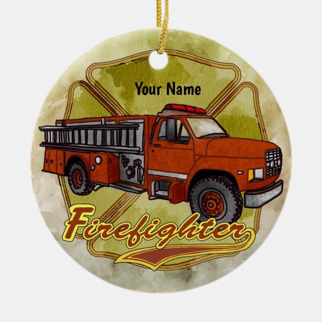 Maltese firetruck firefighter ceramic tree decoration (Front)