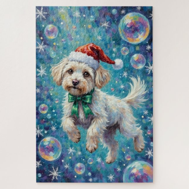 Maltese Floating in Iridescent Christmas Bubbles Jigsaw Puzzle (Vertical)
