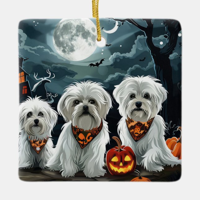 Maltese Halloween Spooky Ceramic Ornament (Front)