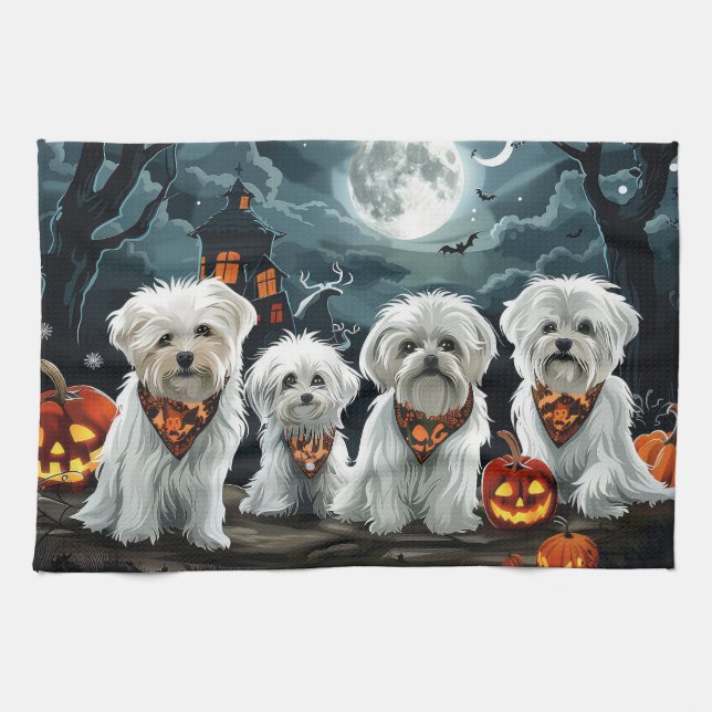 Maltese Halloween Spooky Tea Towel (Horizontal)