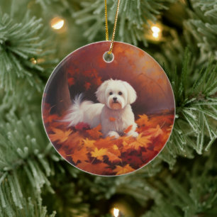 Maltese in Autumn Leaves Fall Inspire  Ceramic Tree Decoration