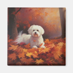 Maltese in Autumn Leaves Fall Inspire  Magnet