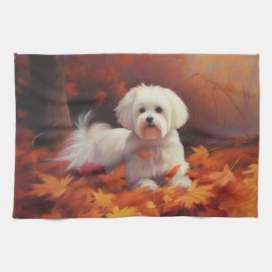 Maltese in Autumn Leaves Fall Inspire  Tea Towel