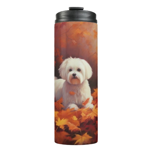 Maltese in Autumn Leaves Fall Inspire  Thermal Tumbler (Front)