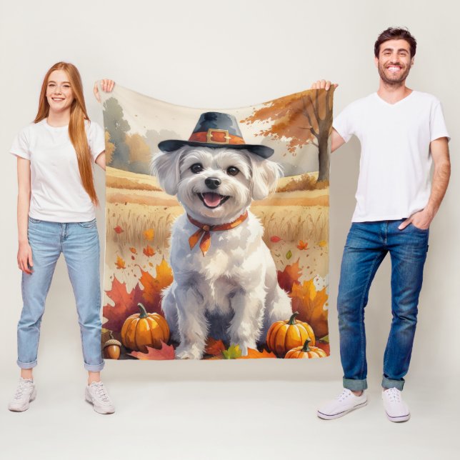 Maltese In Autumn Leaves Thanksgiving Art Fleece Blanket (In Situ)
