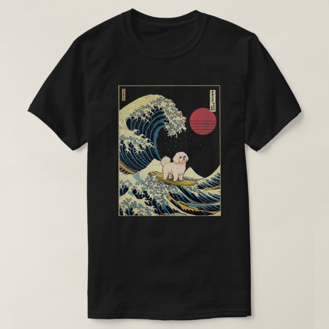 Maltese Japanese Kanagawa Wave Funny Surf Dog  T-Shirt (Design Front)