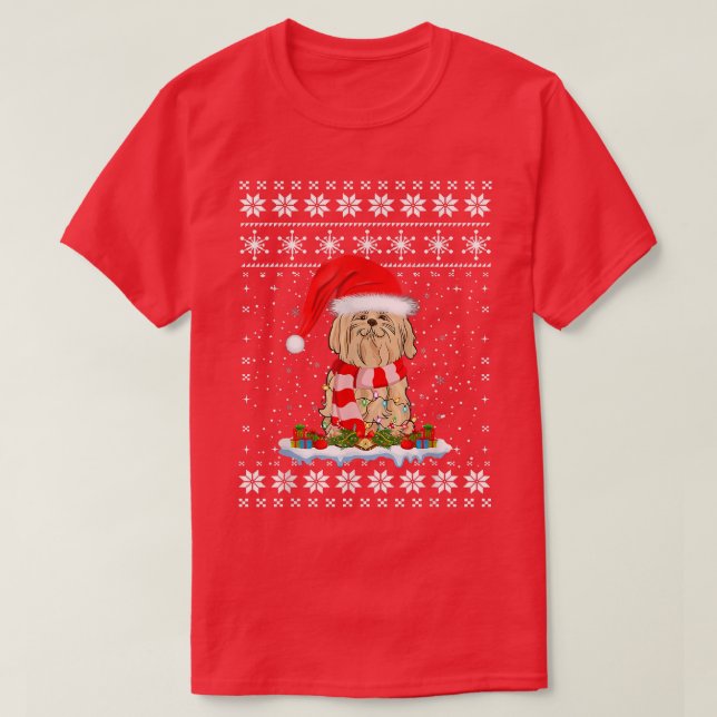 Maltese Lovers Ugly Xmas Sweater Lights Santa Hat  (Design Front)