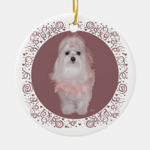Maltese on Mauve Ceramic Tree Decoration