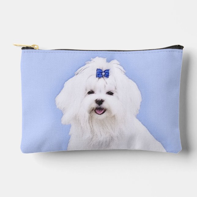 Maltese Painting Blue Bow Cute Original Dog Art Accessory Pouch (Front)