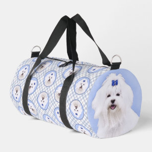 Maltese Painting Blue Bow Cute Original Dog Art Duffle Bag