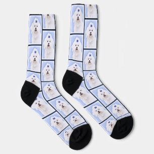 Maltese Painting Blue Bow Cute Original Dog Art Socks