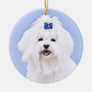 Maltese Painting - Cute Original Dog Art Ceramic Tree Decoration