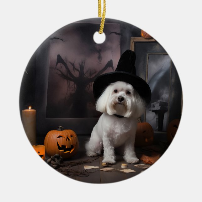 Maltese Pumpkins Halloween Scary  Ceramic Tree Decoration (Front)