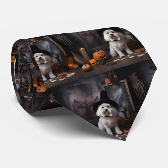Maltese Pumpkins Halloween Scary  Tie (Rolled)