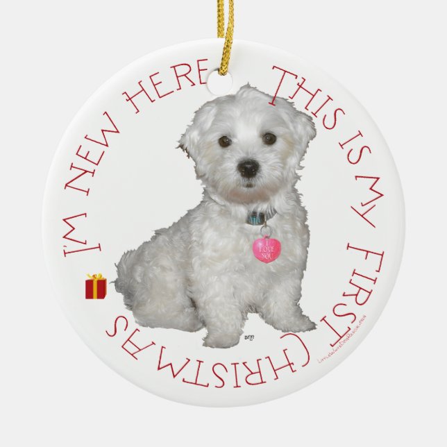 Maltese Pup First Christmas Ceramic Tree Decoration (Front)