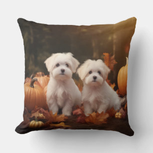 Maltese Puppy Autumn Delight Pumpkin Cushion
