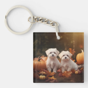Maltese Puppy Autumn Delight Pumpkin  Key Ring