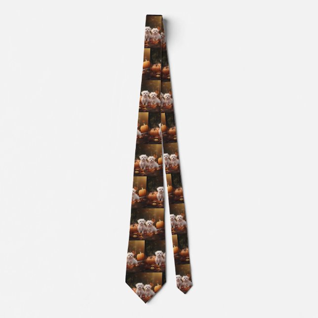 Maltese Puppy Autumn Delight Pumpkin  Tie (Front)
