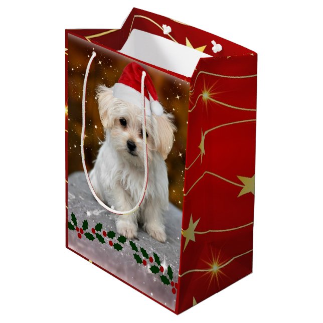 Maltese Puppy Christmas Medium Gift Bag (Back Angled)