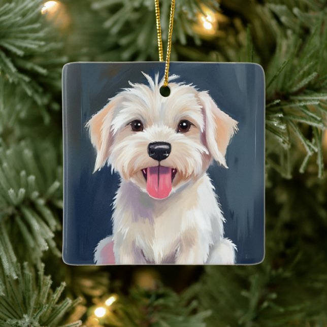 Maltese Puppy | White Dog Painting Ceramic Ornament (Tree)