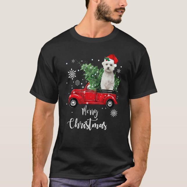 Maltese Ride Red Truck Christmas Pajama T-Shirt (Front)