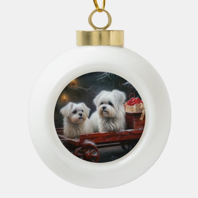 Maltese Snowy Sleigh Christmas Decor Ceramic Ball Christmas Ornament (Front)
