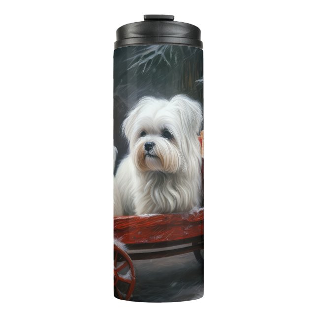 Maltese Snowy Sleigh Christmas Decor Thermal Tumbler (Front)