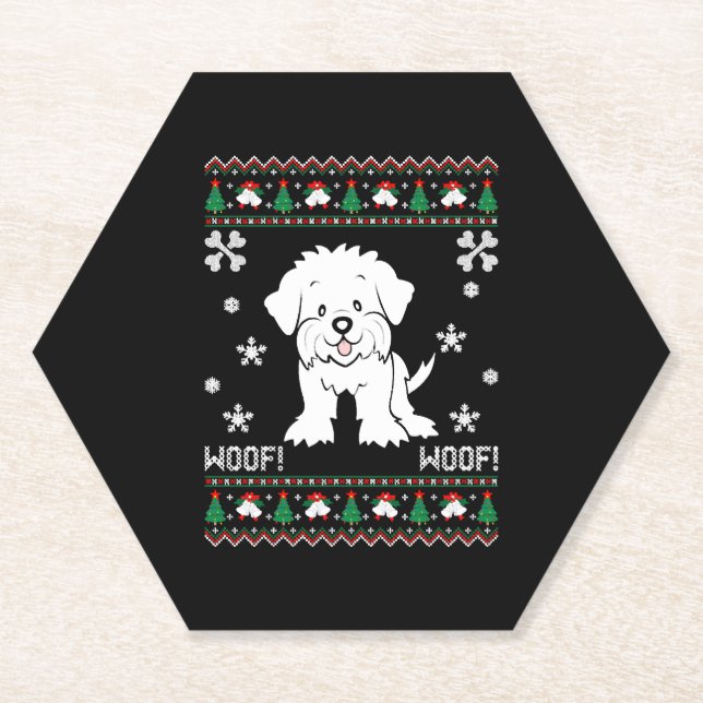 Maltese Ugly Christmas Sweater Paper Coaster (Front)