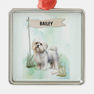 Maltese Watercolor Personalised Dog Metal Tree Decoration