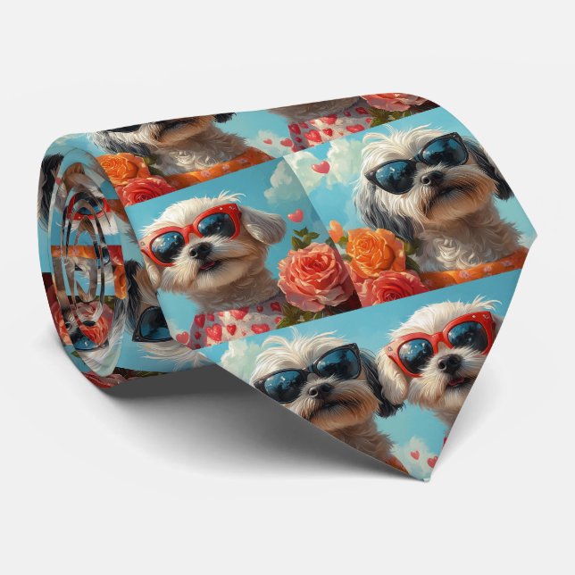 Maltese with Heart Roses Valentine's Day  Tie (Rolled)