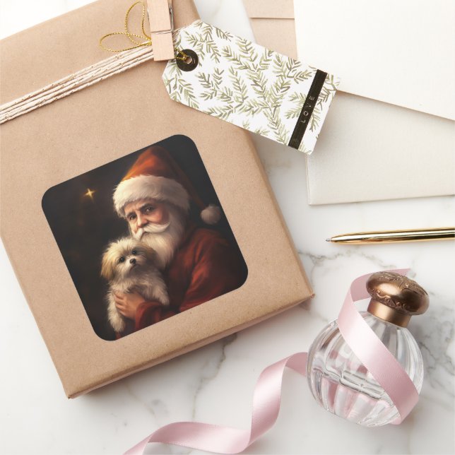 Maltese With Santa Claus Festive Christmas  Square Sticker (Gifting)