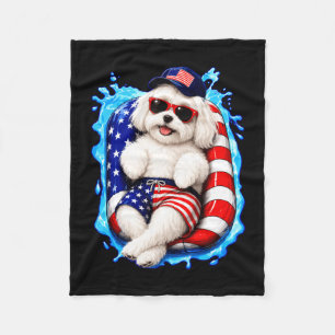 Maltese with sunglasses patriotic dog summer pool fleece blanket
