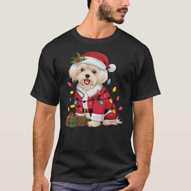 Maltese Xmas Lighting Santa Maltese Dog Christmas T-Shirt (Front)