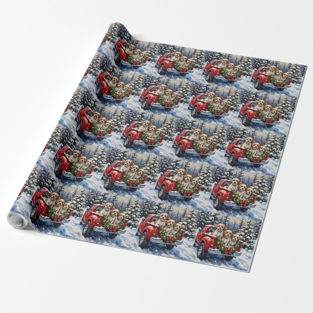 Malti-Tzu Christmas Red Truck Holiday Wrapping Paper (Unrolled)