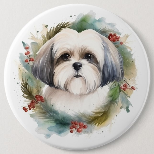 Malti Tzu Christmas Wreath Festive Pup 6 Cm Round Badge (Front)