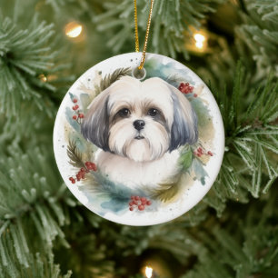 Malti Tzu Christmas Wreath Festive Pup Ceramic Tree Decoration