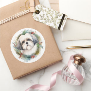 Malti Tzu Christmas Wreath Festive Pup Classic Round Sticker