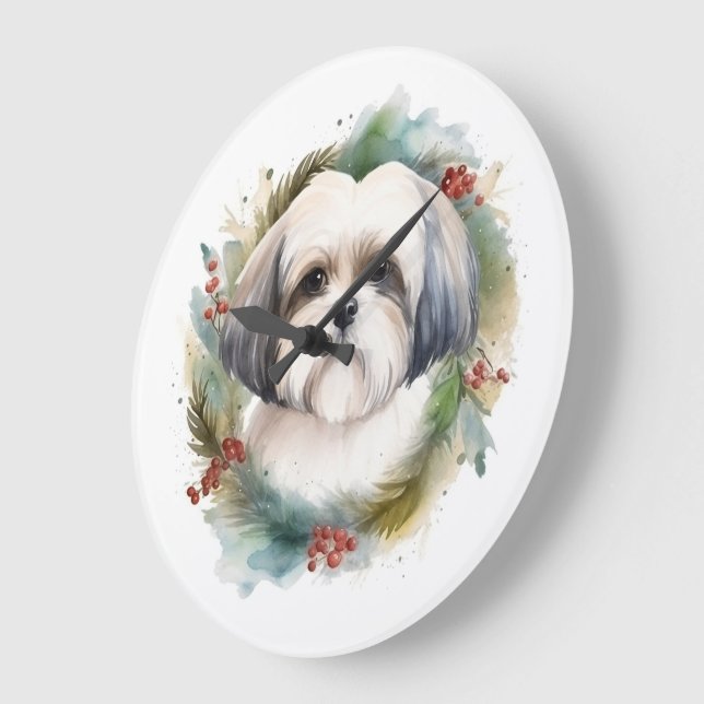 Malti Tzu Christmas Wreath Festive Pup Large Clock (Angle)