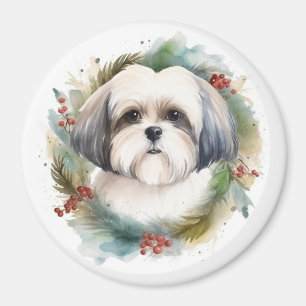Malti Tzu Christmas Wreath Festive Pup Magnet
