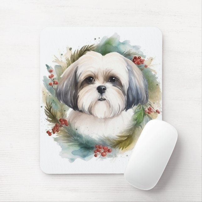 Malti Tzu Christmas Wreath Festive Pup Mouse Pad (With Mouse)