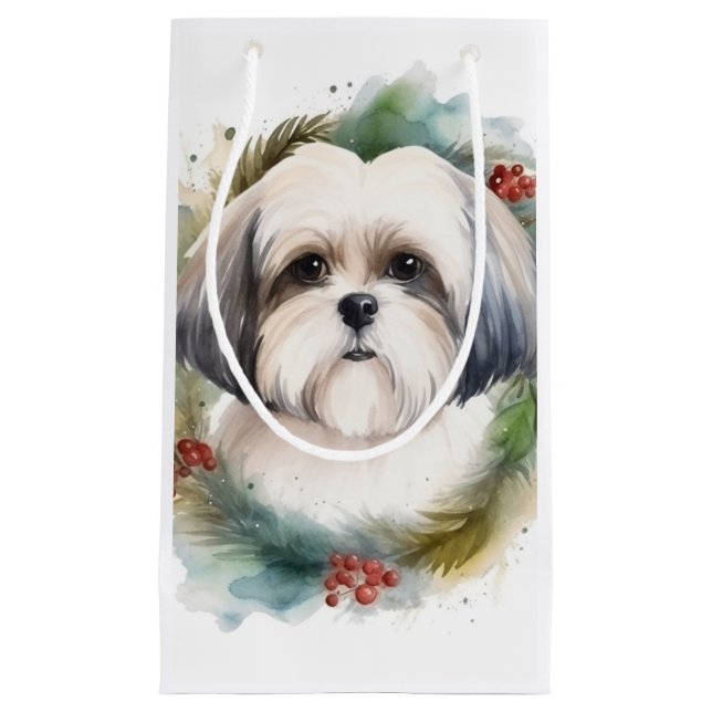 Malti Tzu Christmas Wreath Festive Pup Small Gift Bag (Front)