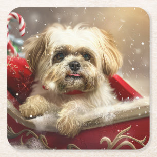Malti Tzu Dog Christmas Festive Square Paper Coaster