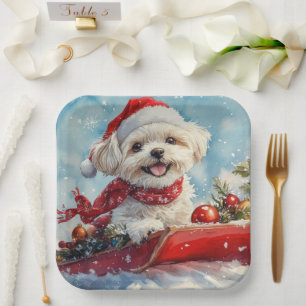 Malti Tzu  Dog in Sledge Let it Snow Christmas Paper Plate