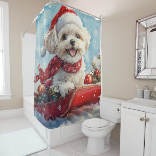 Malti Tzu Dog in Sledge Let it Snow Christmas Shower Curtain