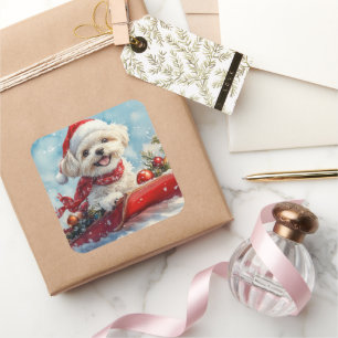 Malti Tzu  Dog in Sledge Let it Snow Christmas Square Sticker