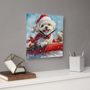 Malti Tzu Dog in Sledge Let it Snow Christmas Square Wall Clock