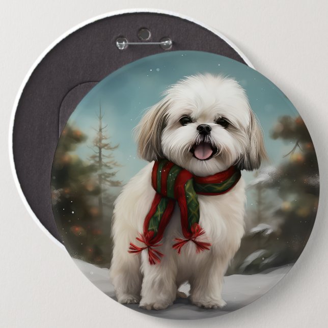 Malti Tzu Dog in Snow Christmas 6 Cm Round Badge (Front & Back)