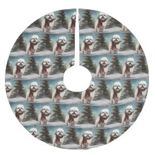 Malti Tzu Dog in Snow Christmas Brushed Polyester Tree Skirt