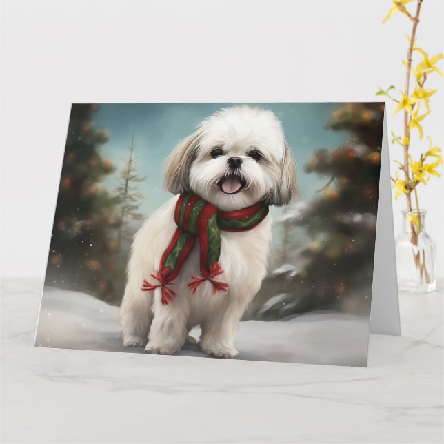 Malti Tzu Dog in Snow Christmas Card (Yellow Flower)